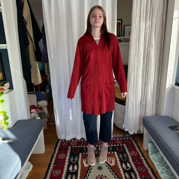 Eileen Fisher Long Red Cardigan Sweater - Picture 2 of 8